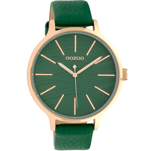 OOZOO Timepieces XL Rose Gold Green Leather Strap - C10123